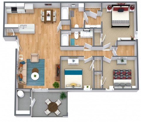 Floor plan for 3 beds, 2 baths, 1341 sqft